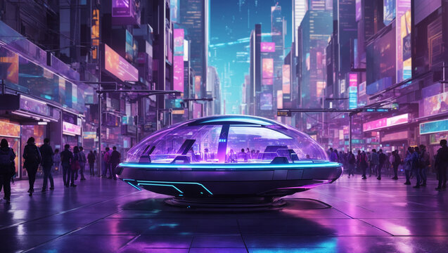 A futuristic city street with a flying car