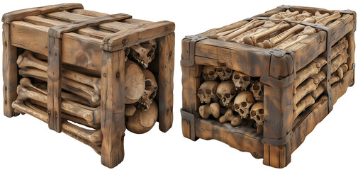A wooden crate filled with human bones