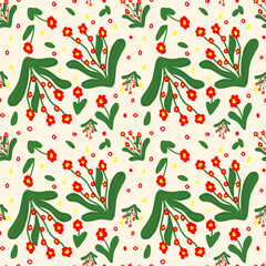 Seamless pattern with red flowers and green leaves background 