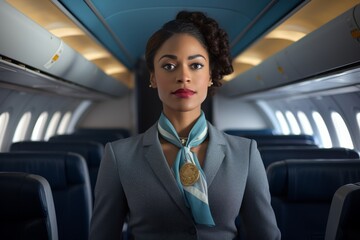 An Arab stewardess greets passengers in the aircraft cabin
