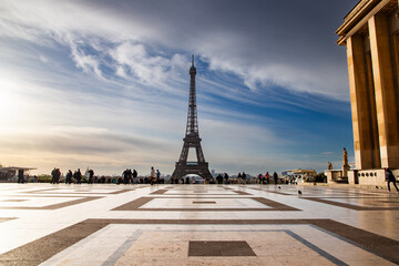 PARIS, FRANCE - MARCH 30, 2024: Eiffel Tower seen from the Jardins du Trocadero in Paris, France....