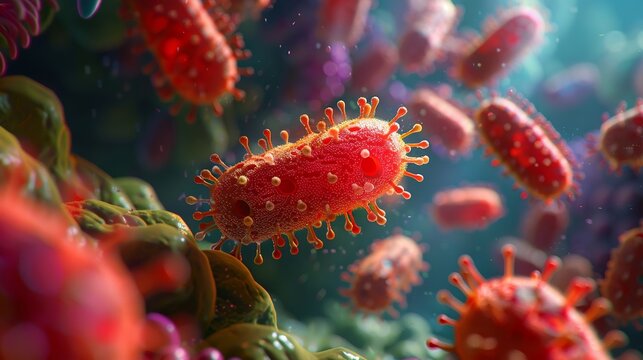 A mesmerizing depiction of typhoid red bacteria in vivid 3D, featuring a character entranced by its vivid colors and striking realism , high detailed