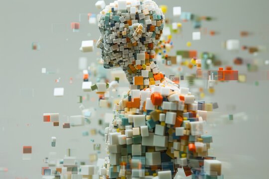 The figure of a man consisting of many multi-colored cubes. Neurodiversity