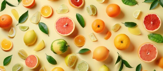 A creative backdrop featuring a variety of summer tropical fruits and leaves such as grapefruit, orange, tangerine, lemon, and lime, set against a pastel yellow background.