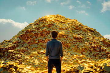 Man Standing in Front of Pile of Gold Coins. Generative AI - 788187518