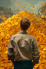 Man Standing in Front of Pile of Gold Coins. Generative AI - 788187532