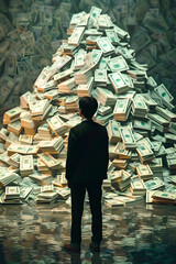 Man Standing in Front of Pile of Money. Generative AI