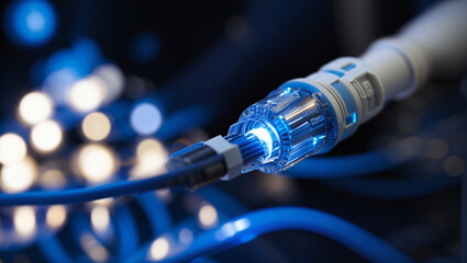 A fiber optic cable with a blue light at the end of it.

 - obrazy, fototapety, plakaty
