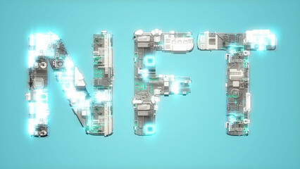 modern glowing cybernetical text NFT on blue backdrop - abstract 3D illustration