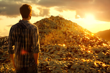 Man Standing in Front of Pile of Gold Coins. Generative AI
