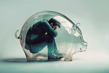 Man Sitting Inside Transparent Piggy Bank. Generative AI - 788187582
