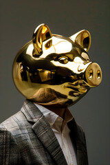 Man in Suit With Gold Pig Bank Mask. Generative AI - 788187705