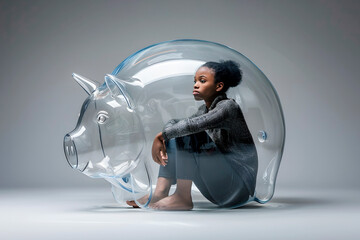 Young Girl Sitting Inside Glass Piggy Bank. Generative AI