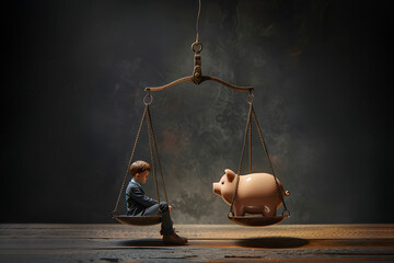 Boy Sitting on Scale Next to Piggy Bank. Generative AI