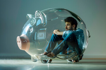 Man Sitting Inside Glass Piggy Bank. Generative AI - 788187780