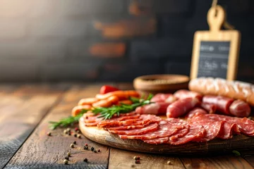 Foto op Plexiglas Assorted meat cuts on wooden tray with blank tags in butcher shop or supermarket © Ilja