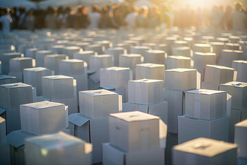 hopeful photograph of ballot boxes for elections standing tall amidst a sea of voters, symbolizing the collective voice and will of the people as they participate in the democratic