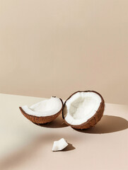 A sliced coconut is placed on a beige table, with a horizontal perspective and a beige background., product photography, minimalism 