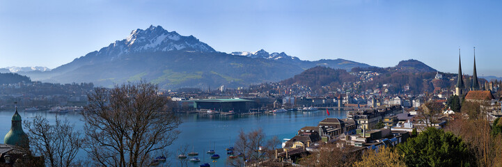 View of Lake Lucerne with panoramic mountain summit perspective, Lucerne, Switzerland.