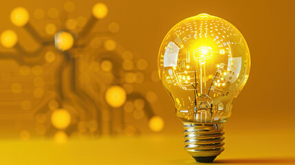 Innovation. Solution idea and technology concept. A printed circuit light bulb on a yellow background. Digital and cyber computing innovation concept. Business innovation and creative ideas. 