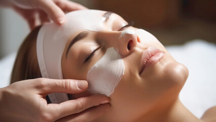 Skincare treatment. Hands applying anti aging facial cream on woman face in spa salon.