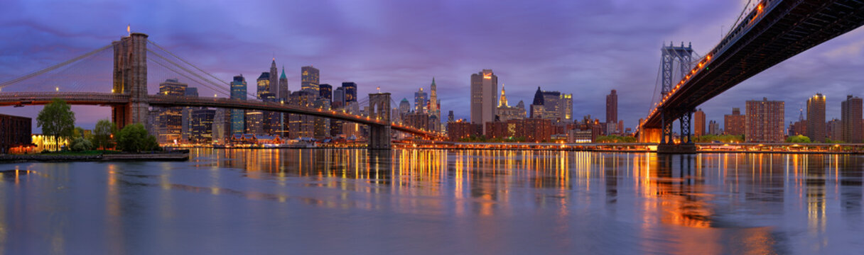 View of Manhattan skyline from a high rooftop, New York City, United States.