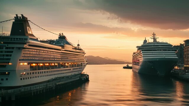 Video animation of  tranquil harbor scene with two large cruise ships docked side by side during a sunset or sunrise. The water is calm