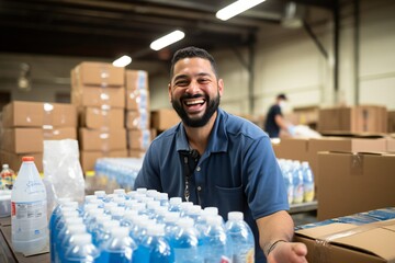 Happy smiled worker doing his job on factory for packaging of pure spring water bottled.