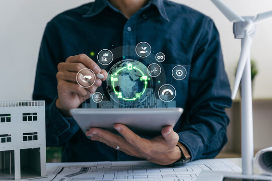 Growing sustainability. LCA-Life cycle assessment concept. Businessman using tablet with LCA icon, ISO LCA standard,  Value chain and Growing sustainability.