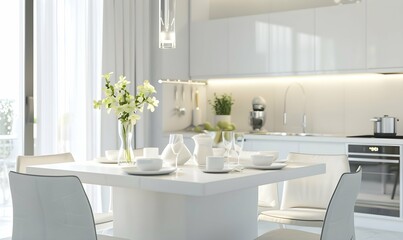 Modern new light interior of kitchen with white furniture and dining table