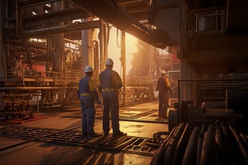 Two workers in overalls and helmets stand at the enterprise among pipes and metal structures