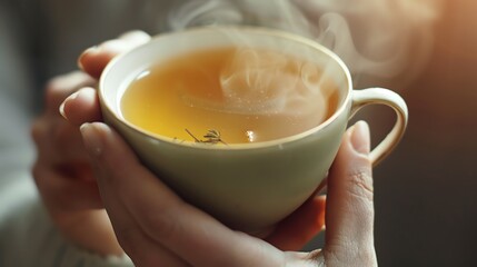 Close-up of hands holding a cup of herbal tea, steam rising in a soft-focus background, highlighting moments of warmth and relaxation - obrazy, fototapety, plakaty