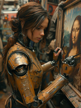 A robot is painting a Mona Lisa, 2D, realistic movie, realistic 