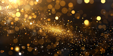 Fototapeta na wymiar Closeup illustration Of golden glitter fireworks pyrotechnics with bokeh lights for a New Year's Eve party celebration holiday background banner or greeting card.