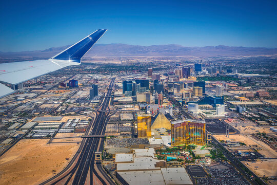 Las Vegas, United States - 01 March 2024: View of modern cityscape from high perspective, Las Vegas, Nevada, United States.