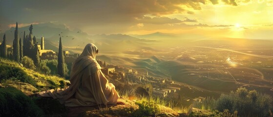 Jesus on the Mount of Olives, giving prophecies and teachings about the end times and preparation - obrazy, fototapety, plakaty