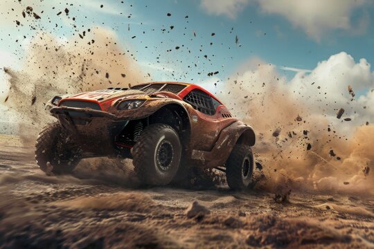 A red truck is seen driving through a muddy terrain, creating splashes as it maneuvers through the challenging environment, An action-packed scene from an off-road sport car race, AI Generated