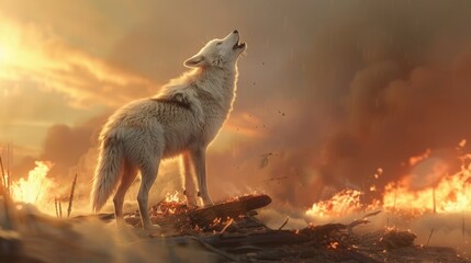 Howling wolf standing on a log in the twilight, against a backdrop of fire and rain, a powerful representation of resilience - obrazy, fototapety, plakaty