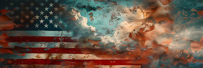 A grungy American flag wallpaper represents national patriotism through distress, Grunge American Flag Wallpaper: Symbolizing National Patriotism - obrazy, fototapety, plakaty