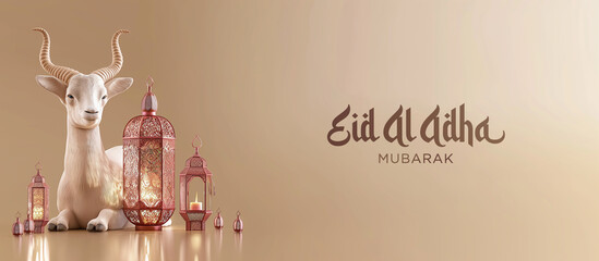 3D illustration of Eid Al Adha. Isolated goat and lantern. Generative Ai