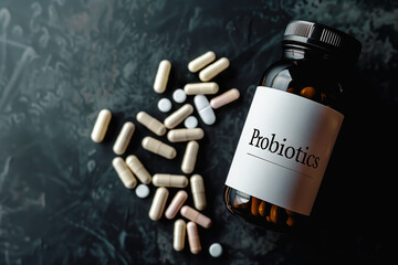 Probiotic pill bottle and capsules or pills on a black background. Concept of bacterial health supplements.