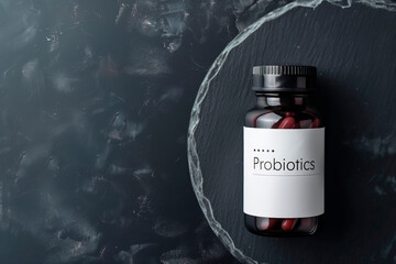 Probiotic pill bottle containing capsules for health supplements and gut friendly bacteria. Isolated on black.