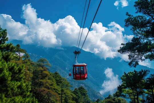"Ascending Adventure: Red Cable Car Gondola Against Azure Sky"