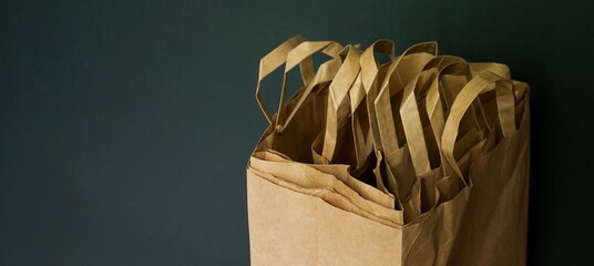 Paper, cardboard shopping bags. Storage and use of bags. Packing groceries. Dark background. Copy...