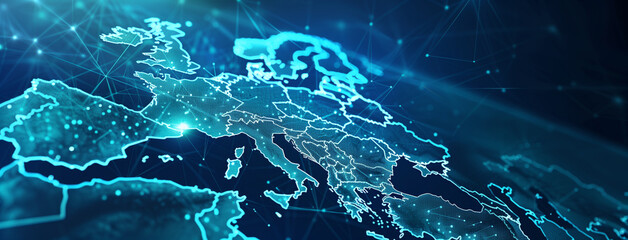 blue background with rays, Abstract digital map of Western Europe, concept of European global network and connectivity, data transfer and cyber technology, Ai
