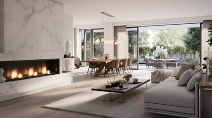 Contemporary living room interior in a luxury cottage ,Large bio fireplace with marble finish, dining area, living area with comfortable sofa ,a minimalist living room in a spacious and luxurious - obrazy, fototapety, plakaty