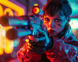 A rogue hacker with striking cyberpunk aesthetics brandishes a Bazooka, its metallic frame reflecting the vivid hues of neon lights , hyper realistic - obrazy, fototapety, plakaty