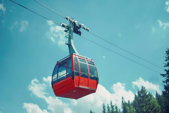 "Ascending Adventure: Red Cable Car Gondola Against Azure Sky"