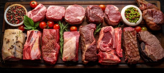Wooden tray with meat cuts selection at butcher shop, empty price tags for copy space in wide banner