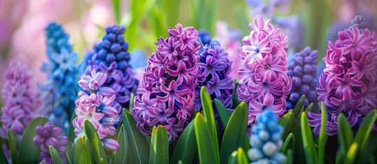 Obraz premium Bunches of colorful purple hyacinth blossoms flourishing in a Dutch garden in the spring.